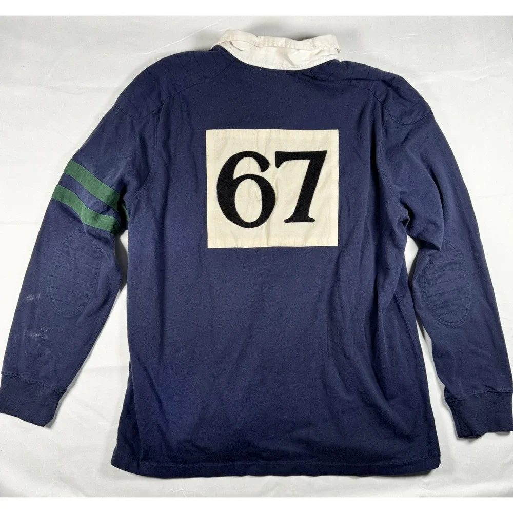 Polo Ralph Lauren Rugby Shirt Mens XXL Navy Chenille P 67 Patch Green Stripe LS
